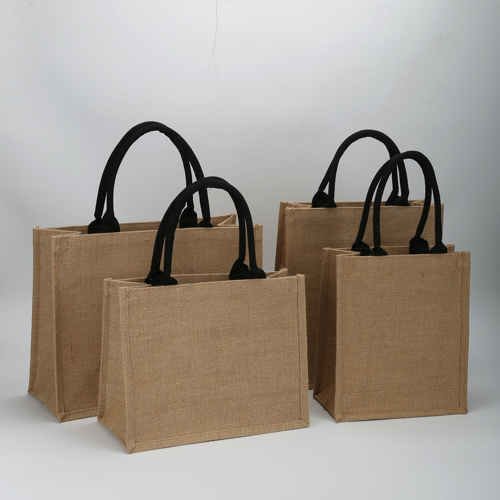 Minimalist Jute Tote Bag – Button & Zipper Styles, White/Black Handles, Eco Shopping Handbag