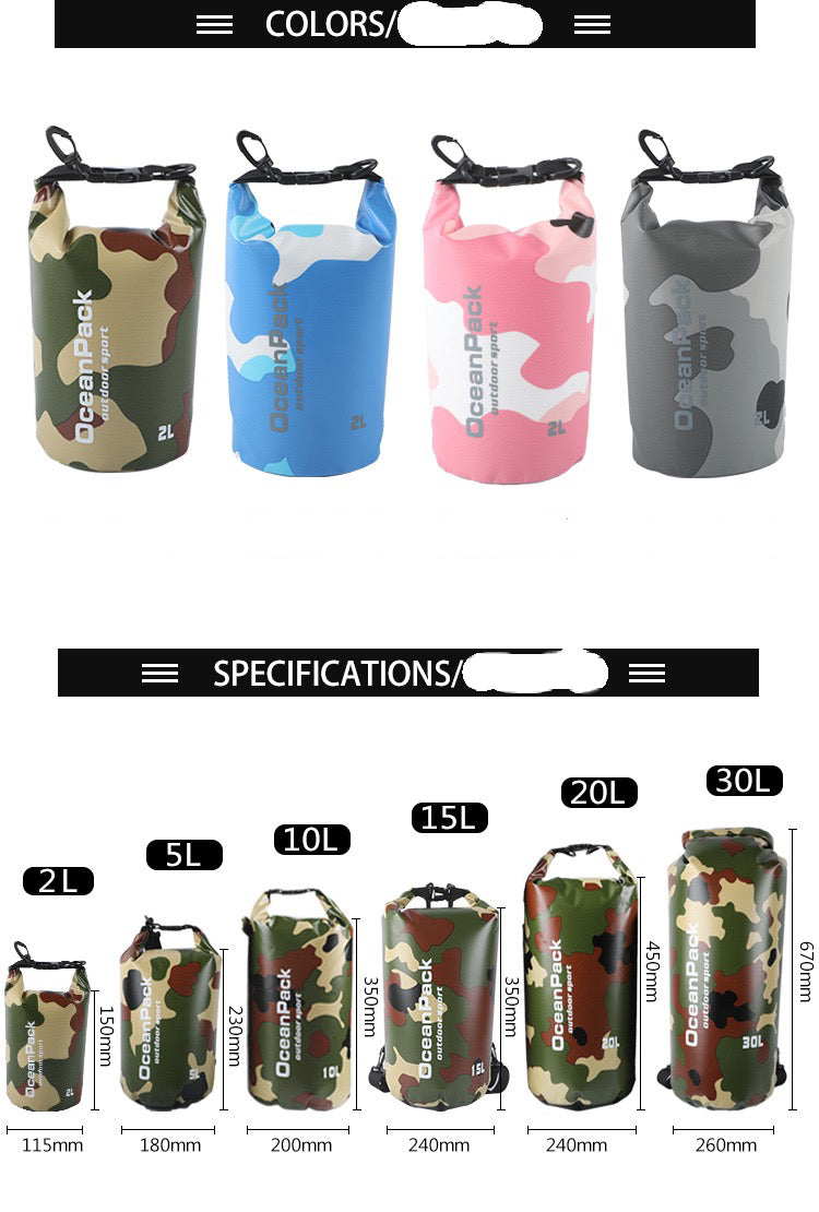 607 Camouflage Waterproof Dry Bag – 2L/5L/10L/15L/20L/30L Floating Dry Sack for Camping, Fishing, Kayaking & Outdoor Adventure