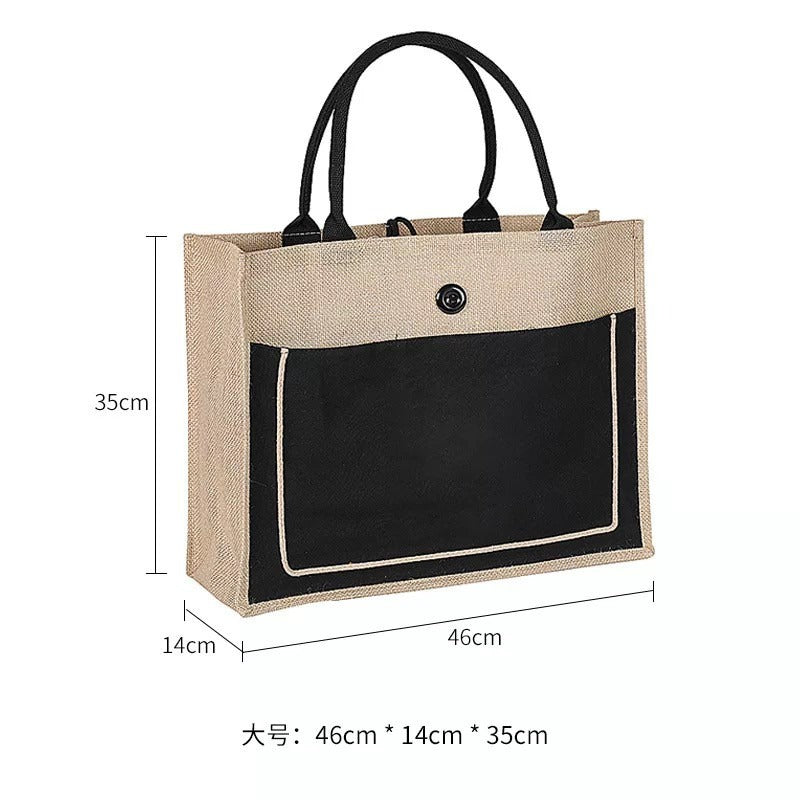 Jute Tote Bag with Canvas Front Pocket – Button & Zipper Styles, 3 Sizes, 3 Colors
