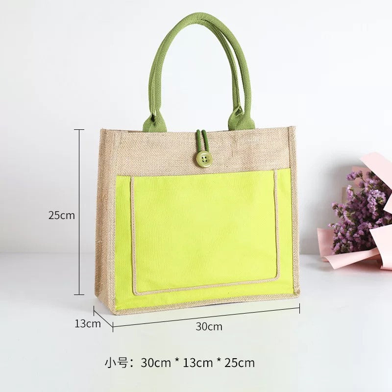 Jute Tote Bag with Canvas Front Pocket – Button & Zipper Styles, 3 Sizes, 3 Colors