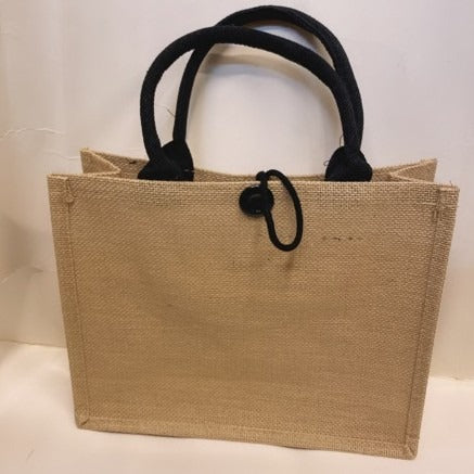 Minimalist Jute Tote Bag – Button & Zipper Styles, White/Black Handles, Eco Shopping Handbag
