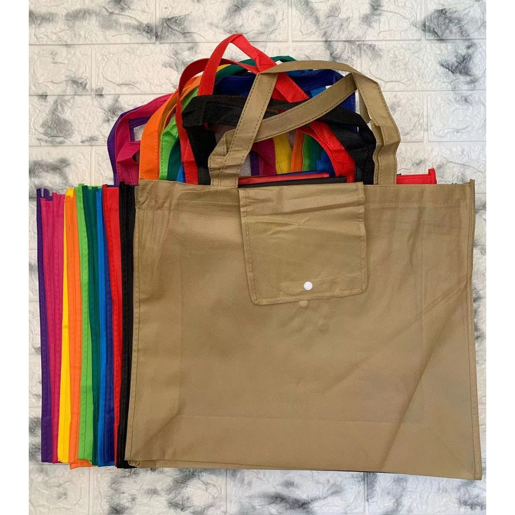 EB#2/ 10pcs Pack Foldable Non-Woven Shopping Tote Bag | Reusable Eco-Friendly Grocery Bag with Snap Closure