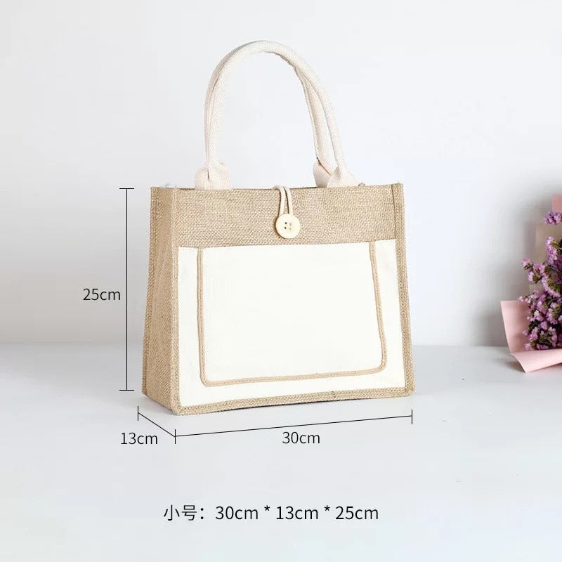 Jute Tote Bag with Canvas Front Pocket – Button & Zipper Styles, 3 Sizes, 3 Colors