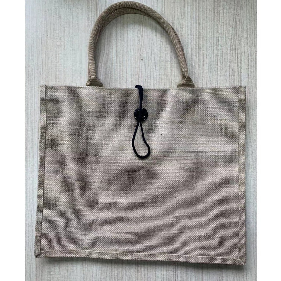 Minimalist Jute Tote Bag – Button & Zipper Styles, White/Black Handles, Eco Shopping Handbag