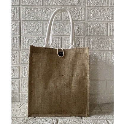 Minimalist Jute Tote Bag – Button & Zipper Styles, White/Black Handles, Eco Shopping Handbag