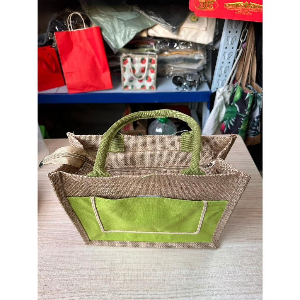 Jute Tote Bag with Canvas Front Pocket – Button & Zipper Styles, 3 Sizes, 3 Colors