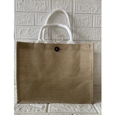 Minimalist Jute Tote Bag – Button & Zipper Styles, White/Black Handles, Eco Shopping Handbag
