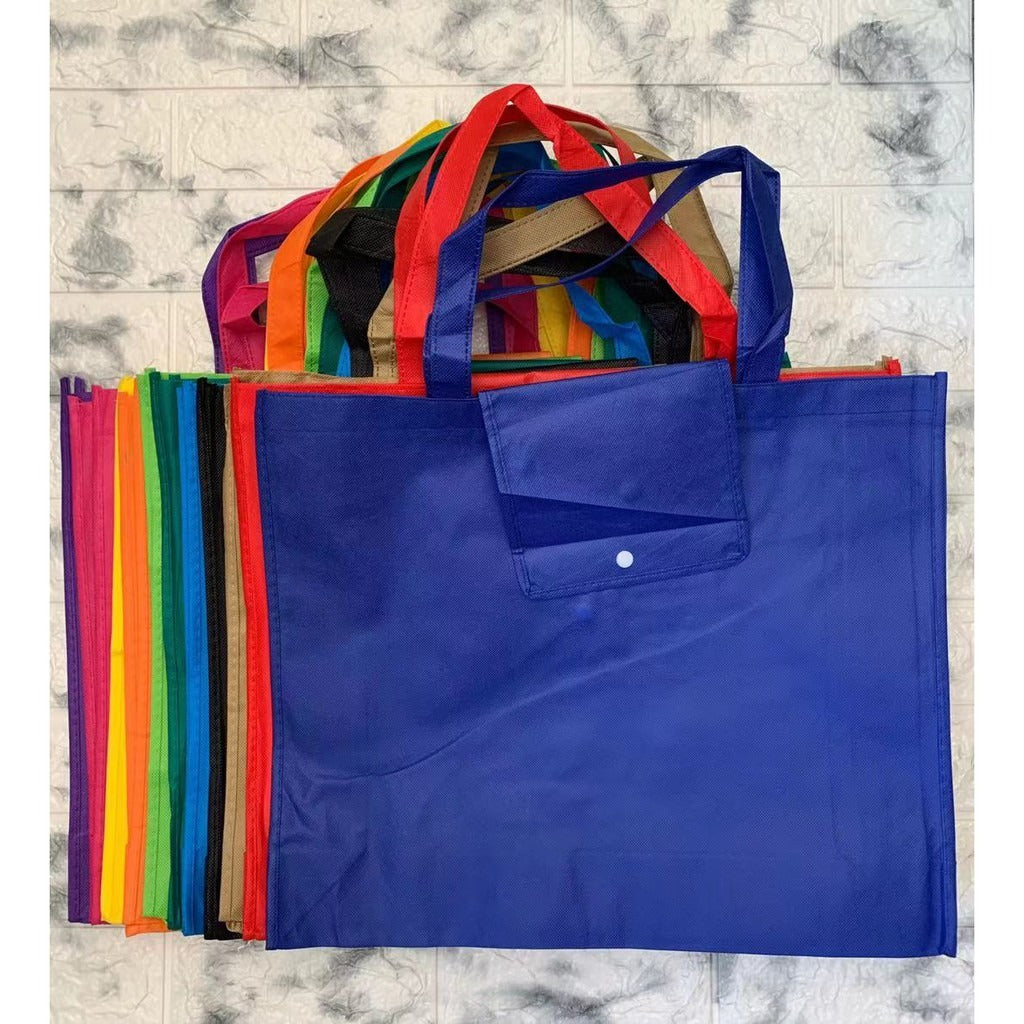 EB#2/ 10pcs Pack Foldable Non-Woven Shopping Tote Bag | Reusable Eco-Friendly Grocery Bag with Snap Closure