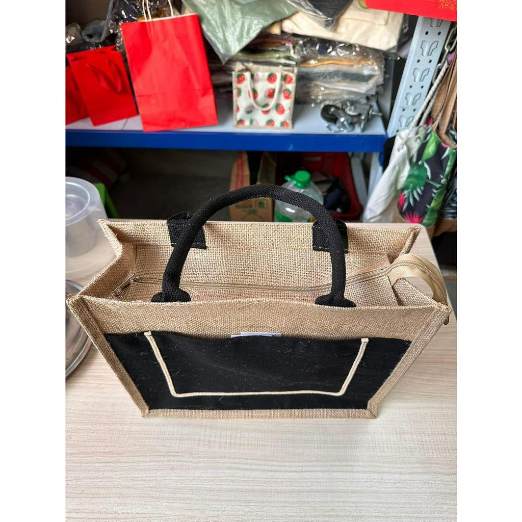 Jute Tote Bag with Canvas Front Pocket – Button & Zipper Styles, 3 Sizes, 3 Colors