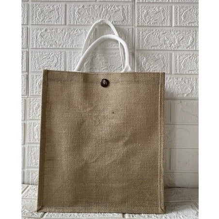 Minimalist Jute Tote Bag – Button & Zipper Styles, White/Black Handles, Eco Shopping Handbag