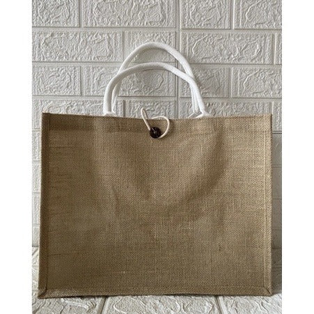Minimalist Jute Tote Bag – Button & Zipper Styles, White/Black Handles, Eco Shopping Handbag