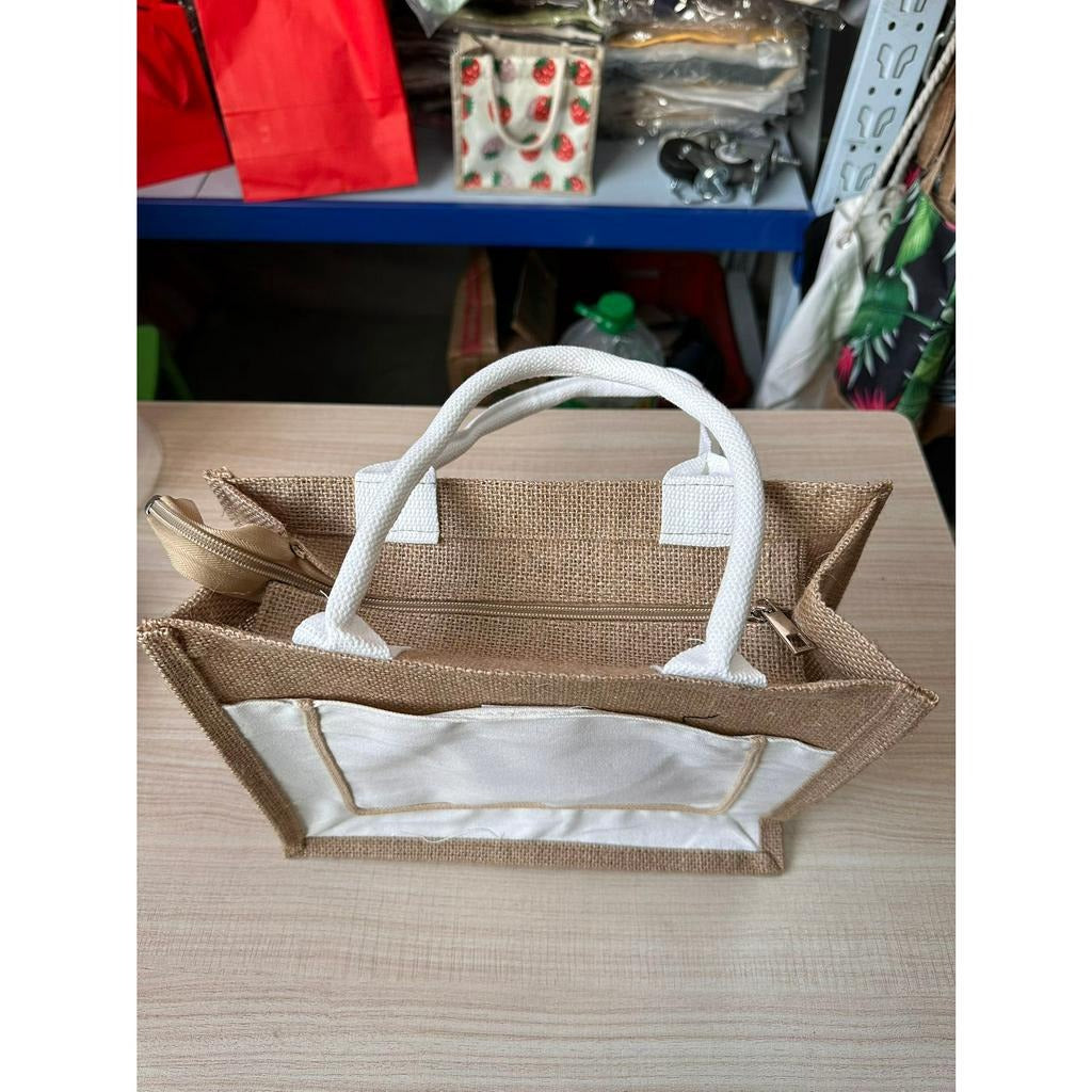 Jute Tote Bag with Canvas Front Pocket – Button & Zipper Styles, 3 Sizes, 3 Colors