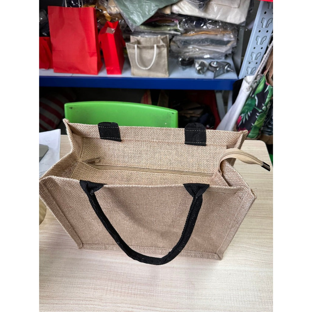 Minimalist Jute Tote Bag – Button & Zipper Styles, White/Black Handles, Eco Shopping Handbag