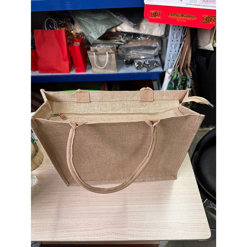 Minimalist Jute Tote Bag – Button & Zipper Styles, White/Black Handles, Eco Shopping Handbag