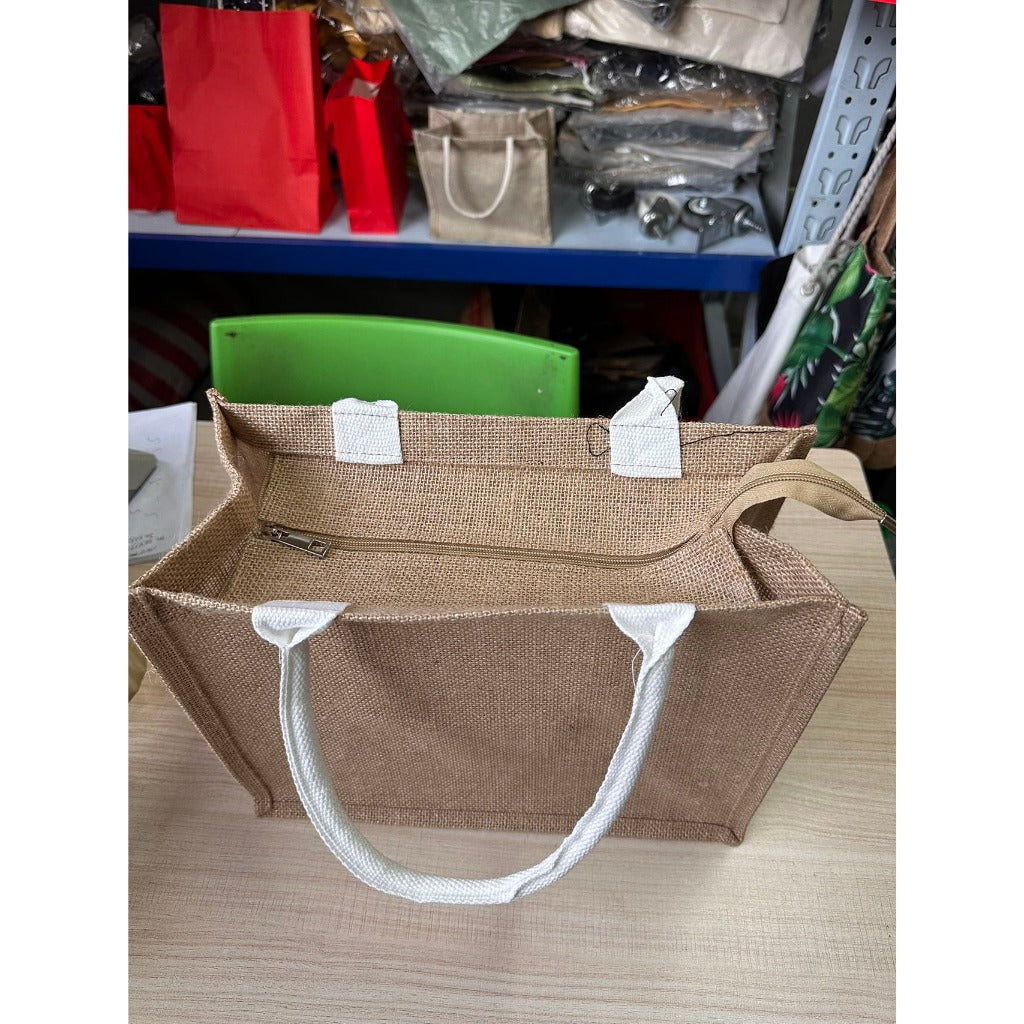 Minimalist Jute Tote Bag – Button & Zipper Styles, White/Black Handles, Eco Shopping Handbag