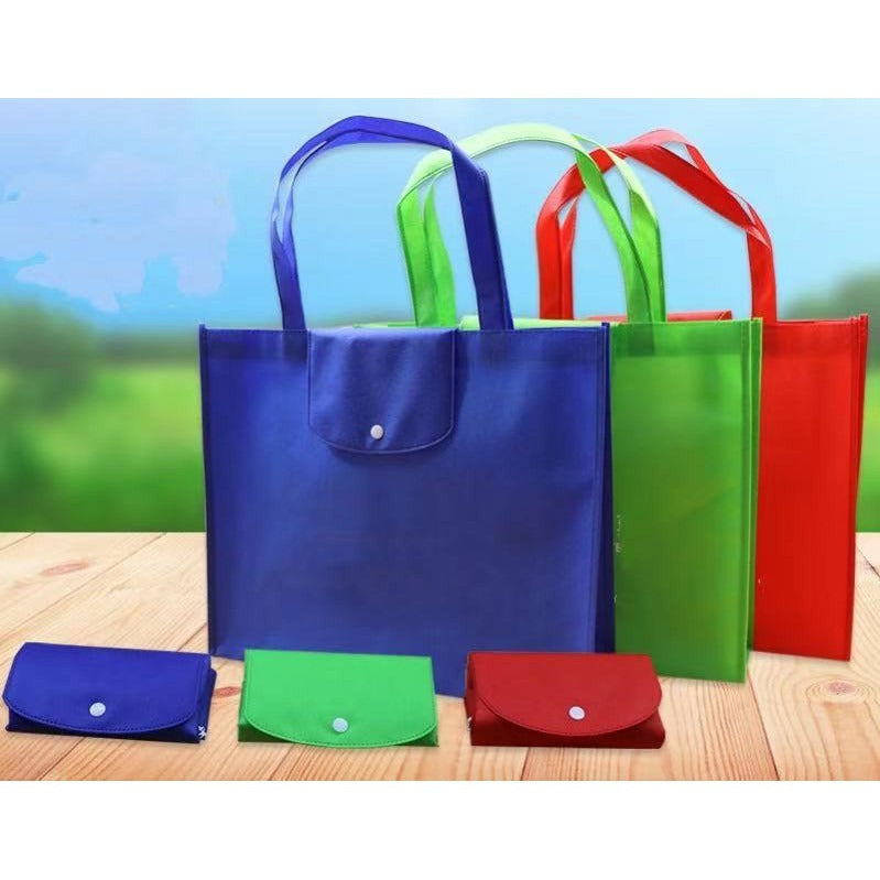 EB#2/ 10pcs Pack Foldable Non-Woven Shopping Tote Bag | Reusable Eco-Friendly Grocery Bag with Snap Closure