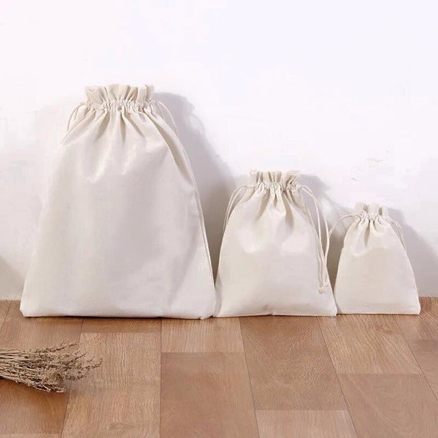 Canvas Drawstring Bag – Blank Pouch, 4 Sizes, 3 Colors (Black / Beige / White)