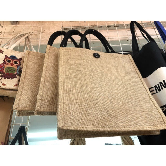 Minimalist Jute Tote Bag – Button & Zipper Styles, White/Black Handles, Eco Shopping Handbag