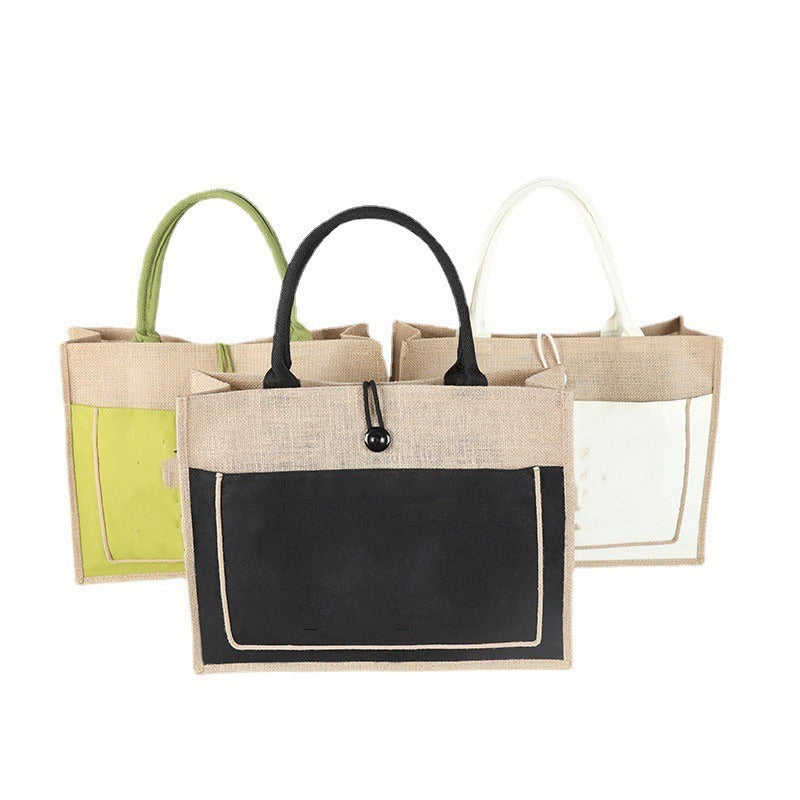 Jute Tote Bag with Canvas Front Pocket – Button & Zipper Styles, 3 Sizes, 3 Colors