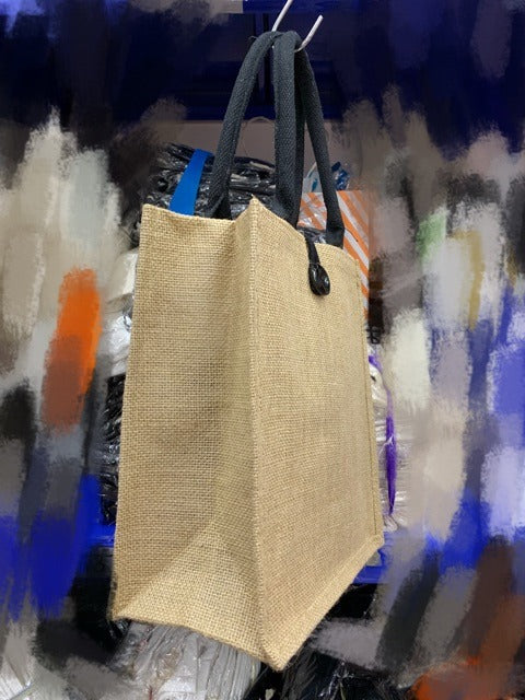 Minimalist Jute Tote Bag – Button & Zipper Styles, White/Black Handles, Eco Shopping Handbag