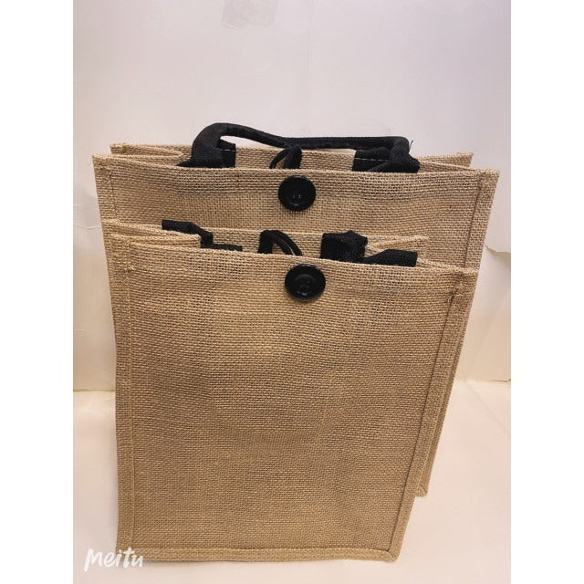 Minimalist Jute Tote Bag – Button & Zipper Styles, White/Black Handles, Eco Shopping Handbag