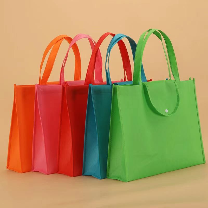 EB#2/ 10pcs Pack Foldable Non-Woven Shopping Tote Bag | Reusable Eco-Friendly Grocery Bag with Snap Closure