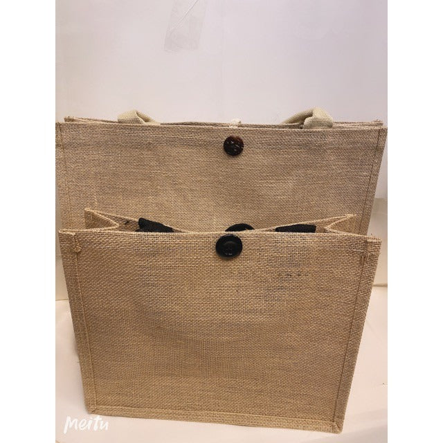 Minimalist Jute Tote Bag – Button & Zipper Styles, White/Black Handles, Eco Shopping Handbag