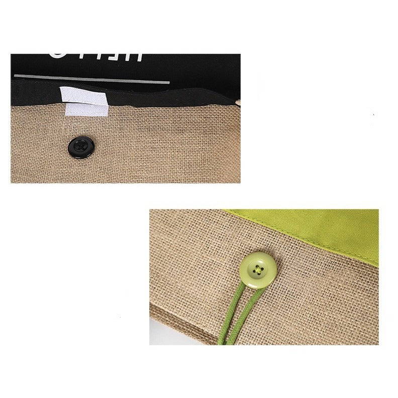 Jute Tote Bag with Canvas Front Pocket – Button & Zipper Styles, 3 Sizes, 3 Colors