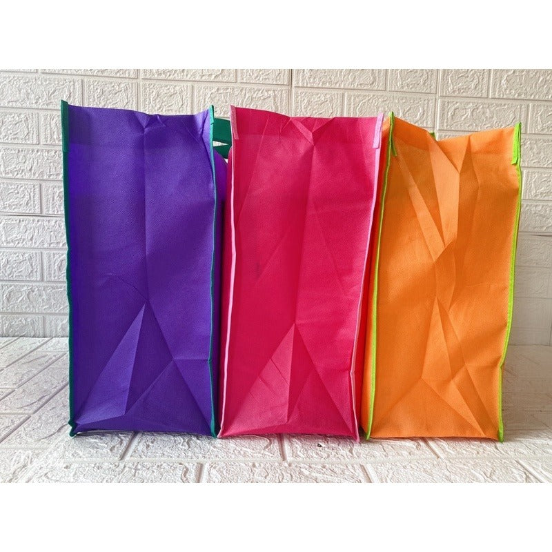 HE#3  | 10pcs Pack Extra Large Non-Woven Shopping Tote Bag with Reinforced Sponge Bottom | Multi-Color Edge & Handles