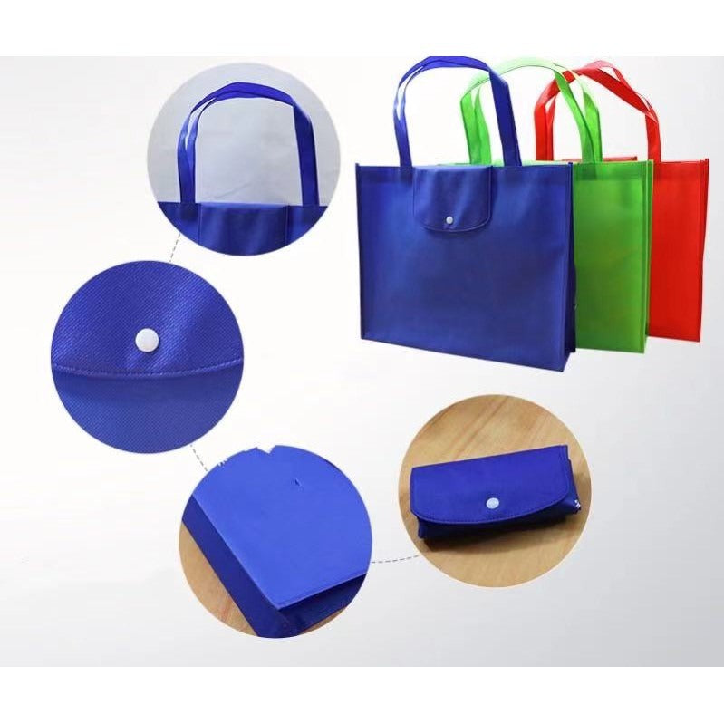 EB#2/ 10pcs Pack Foldable Non-Woven Shopping Tote Bag | Reusable Eco-Friendly Grocery Bag with Snap Closure