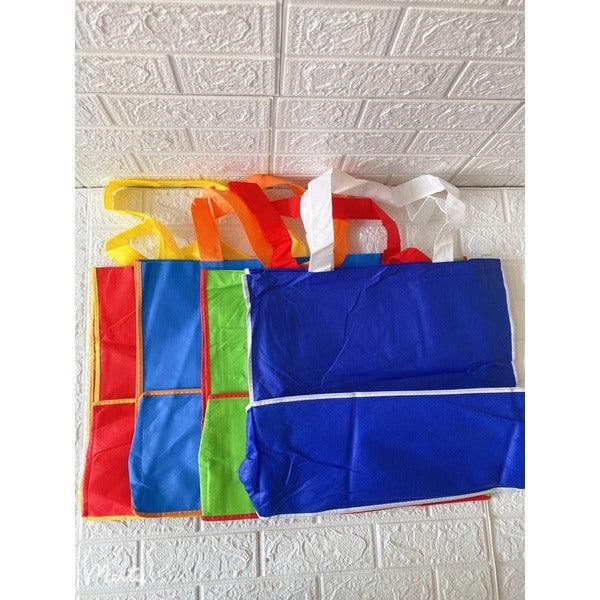 HE#3  | 10pcs Pack Extra Large Non-Woven Shopping Tote Bag with Reinforced Sponge Bottom | Multi-Color Edge & Handles
